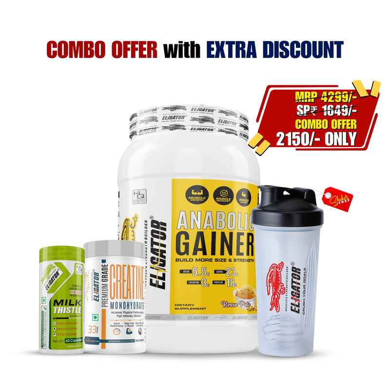 Load image into Gallery viewer, Eligator Anabolic Gainer 2lbs +Eligator Creatine Monohydrate Unflavoured 100g + Eligator Milk Thistle 60 Capsules.