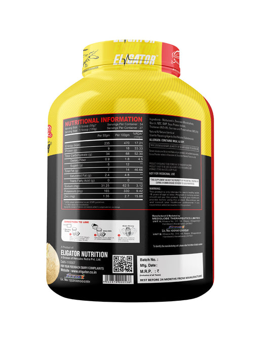Eligator High Protein Weight Gainer 2.7Kg (6lbs) with Free Creatine Monohydrate 100gm (Unflavoured)