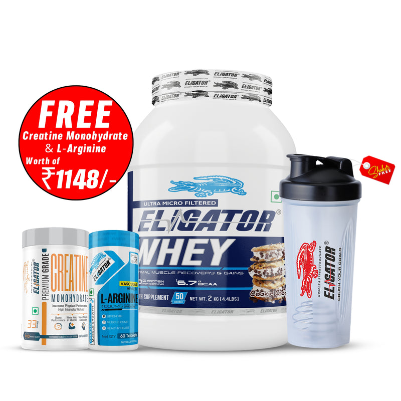 Load image into Gallery viewer, Eligator Whey Protein - 2kg with Free Creatine Monohydrate 100gm & Eligator L-Arginine 60 Tablets