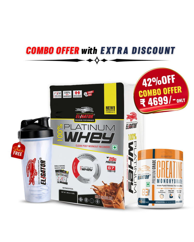 Load image into Gallery viewer, Eligator 100% Platinum Whey (67 Sachets) and Creatine Monohydrate 250gm
