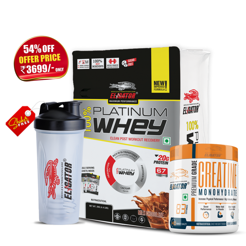 Load image into Gallery viewer, Eligator 100% Platinum Whey (67 Sachets) and Creatine Monohydrate 250gm
