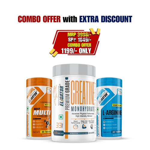Eligator Creatine Monohydrate Unflavored, L-Arginine 60 Tablets and Daily Multi vitamins & Minerals (60 Tablets)