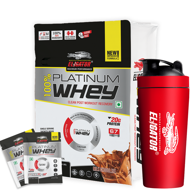 Load image into Gallery viewer, Eligator 100% Platinum Whey (67 Sachets) and Creatine Monohydrate 250gm with Free steel shaker
